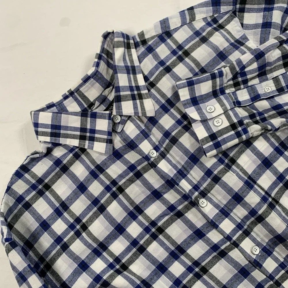 Banana Republic Men's Lg White Blue‎ Black Plaid Button Down Shirt Standard Fit